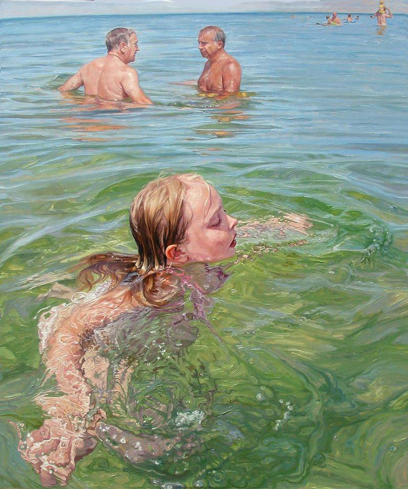 pintura realista da menina nadando